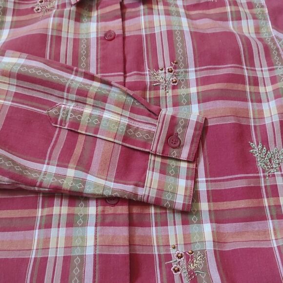 Alfred Dunner Pink Plaid Floral Embroidered Beaded Button Down Long Sleeve 16 - Picture 6 of 9